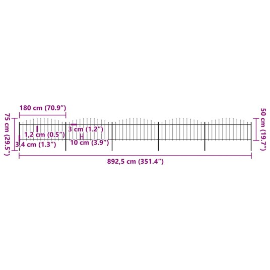 vidaXL Hagegjerde med spydtopp stål 0,5 0,75x8,5 m svart