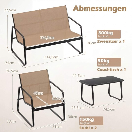 4 delt utemøbelsett med glass salongbord