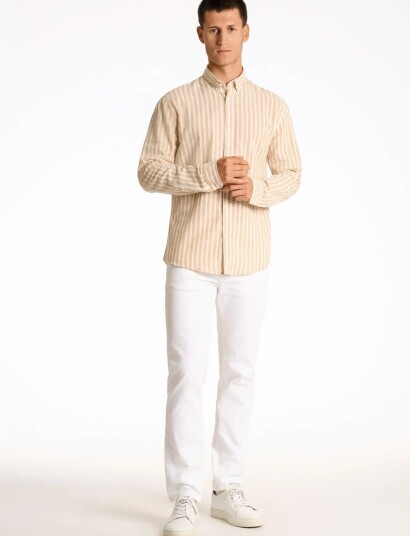 Lindbergh Wide Striped Cotton/Linen Shirt L/S   Beige   L