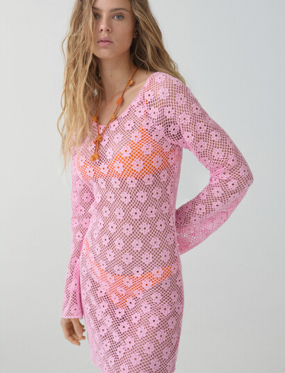 Mango Floral Crochet Dress - Pink - XS Mango Floral Crochet Dress - Pink - XS