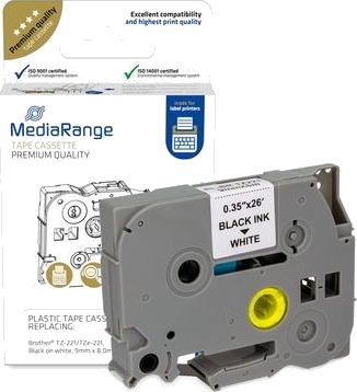 Mediarange   Laminert   Permanet Adhesiv   Svart På Hvitt   Rull 0,9 Cm X 8 M 1 KassettEr Hengeboks   Merketape Alternativ For: Brother Tz 221 Brother Tze 221   For Brother P Touch Pt 1080 1090 1230 1290 18 2110 2430 3600 7100 9800,