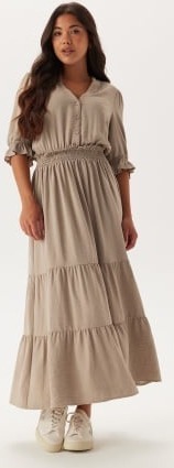 Happy Holly Frill Neck Tiered Maxi Dress Nougat 48/50