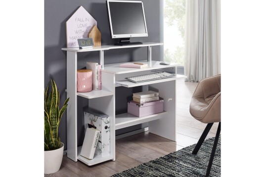 Skrivebord Wohnling for datamaskin med hjul uttrekkbart tastatur moderne stil Hvit Hvit