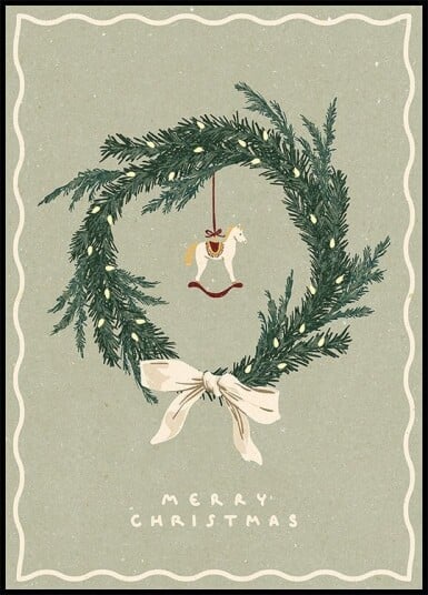 Horses toy on Christmas wreath with bow Poster Plakat / 21x30cm