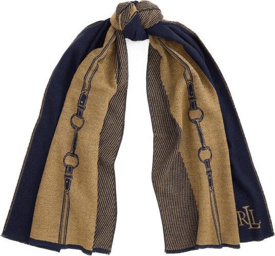 Lauren Ralph Lauren Belting Motif Jacquard Wrap Scarf NAVY/CAMEL One Size Lauren Ralph Lauren Belting Motif Jacquard Wrap Scarf NAVY/CAMEL One Size