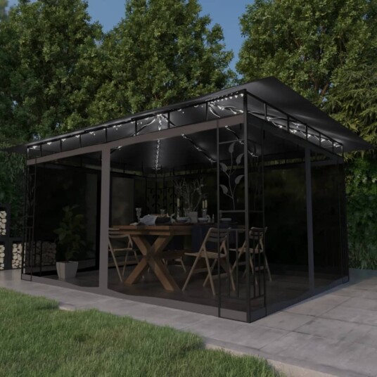 vidaXL Paviljong med myggnett og LED-lysslynge 4x3x2,73 m antrasitt