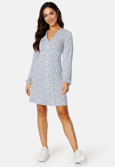 BUBBLEROOM V-neck Short Button Dress Blue/Floral XL