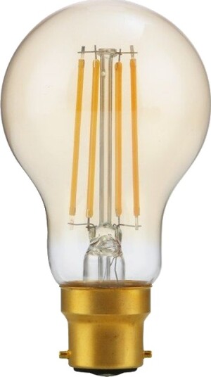 Spl BA22d 4,7W dimbar LED pære A60 filament 2200K gullglass 470lm Dimbar : Dimbar Kulør : Ekstra varm Spl BA22d 4,7W dimbar LED pære A60 filament 2200K gullglass 470lm Dimbar : Dimbar Kulør : Ekstra varm