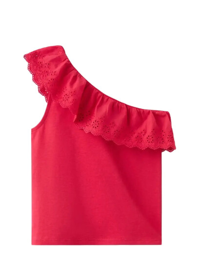 Mango Ruffled Asymmetric T Shirt Red 9 10