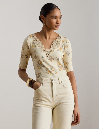 Lauren Ralph Lauren Floral Lace Trim Rib Knit Top Cream S Lauren Ralph Lauren Floral Lace Trim Rib Knit Top Cream S