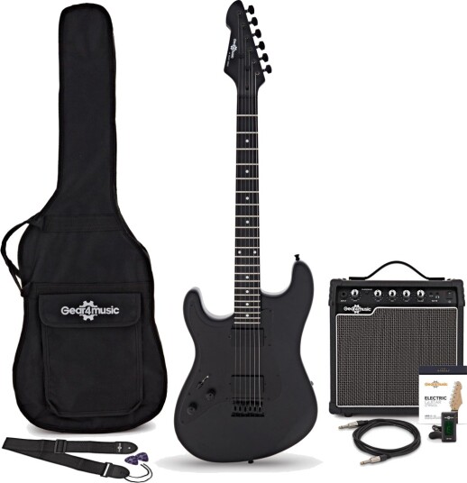 Gear4Music LA Select Modern Venstrehendt Elektrisk Gitar Blackout med 15 W Forsterkerpakke