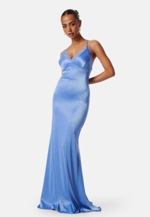 Goddiva Satin Lace Trim Maxi Dress Cornflower Blue L UK14 Goddiva Satin Lace Trim Maxi Dress Cornflower Blue L UK14