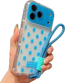 iPhone 17 Pro PC / TPU deksel med linsefilm og stropp Polka Dot Himmelblå