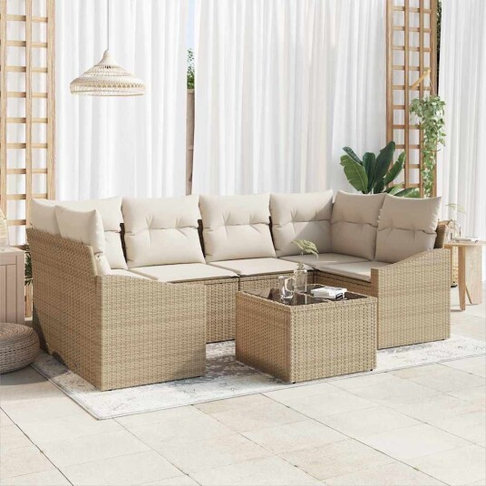 7 Deler Hagemøbelsett med Puter Beige Poly Rattan