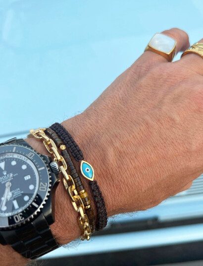 Nialaya Men"s Black String Bracelet With Gold Evil Eye   Black   M 17 cm