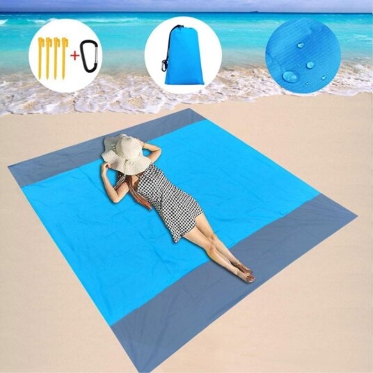 Stort strandteppe 210x200cm sandtett vanntett lett utendørs teppe blå
