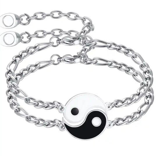 Yin and Yang pararmbånd i rustfritt stål.