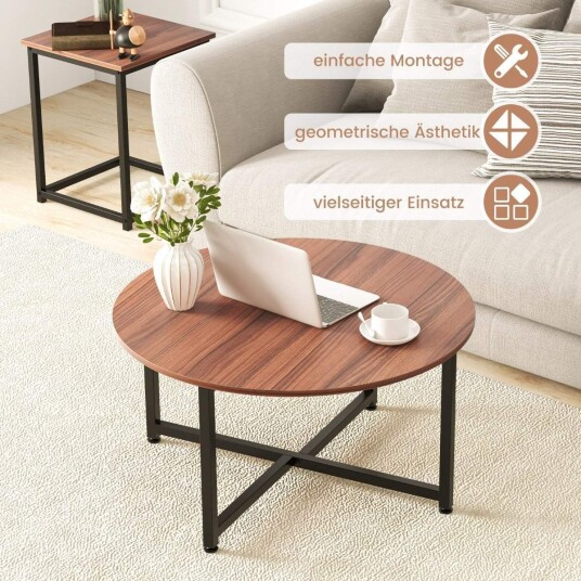 Sett med 3 salongbord med robust metallramme rundt salongbord og 2 firkantede sidebord brune