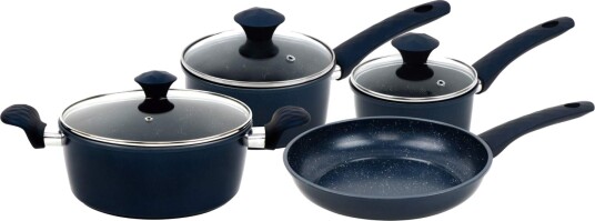 Herzberg HG 04685BLU: 7 deler marmorbelagt støpejern kokekarsett   blå