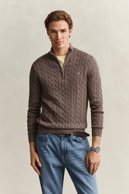 Gant Cable Knit Half Zip Sweater   Brown   L