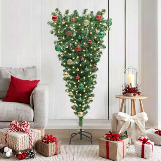 Opp ned kunstig forhåndsbelyst juletre med baller grønn 150 cm Opp ned kunstig forhåndsbelyst juletre med baller grønn 150 cm