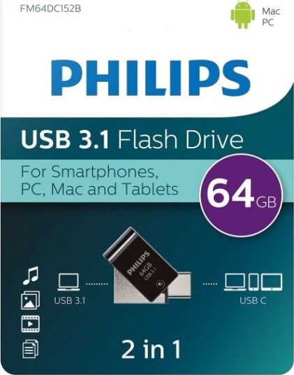 Philips 2 In 1 Otg 64Gb Usb 3.1 + Usb C Midnight Black