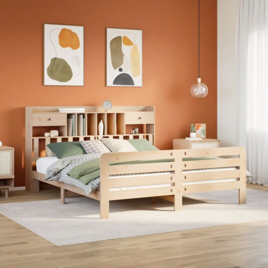Seng med bokhylle uten madrass 200x200 cm heltre furu 8721158411495