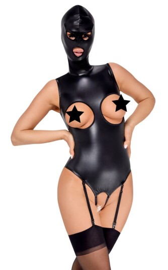 Black crotchless suspender body with head mask Black crotchless suspender body with head mask