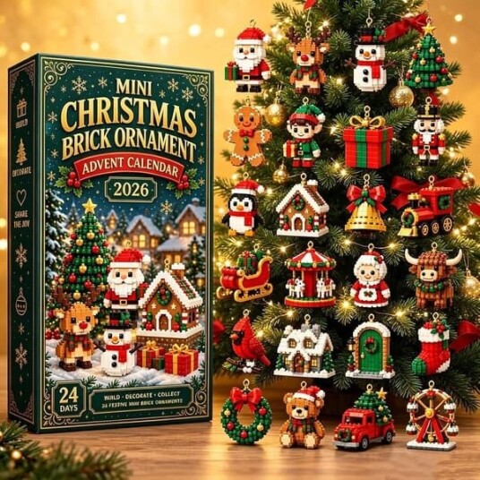 Adventskalender 2026 med 24 byggeklosser 3D juledekorasjoner DIY byggesett og julepynt med opphengsløkker