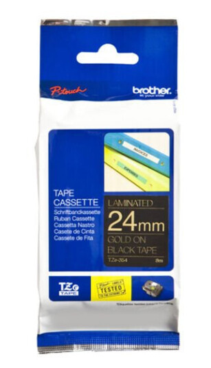 Brother TZE354 / TZE 354 Labelling Tape Cassette - Gold on Black 24mm wide Brother TZE354 / TZE 354 Labelling Tape Cassette - Gold on Black 24mm wide