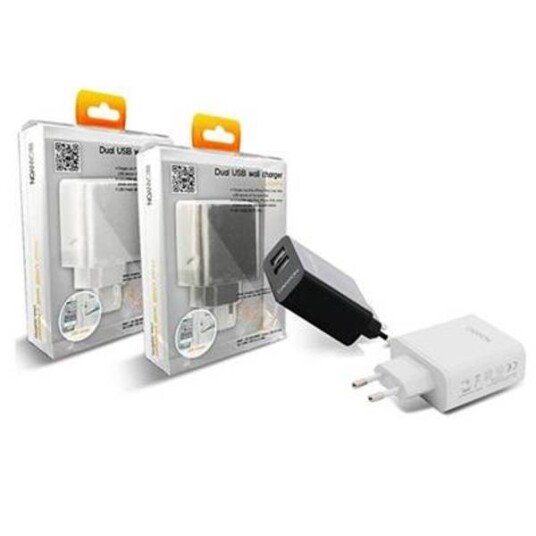 Dobbel Usb Lader Med Veggkontakt For 220 Volt - Hvit
