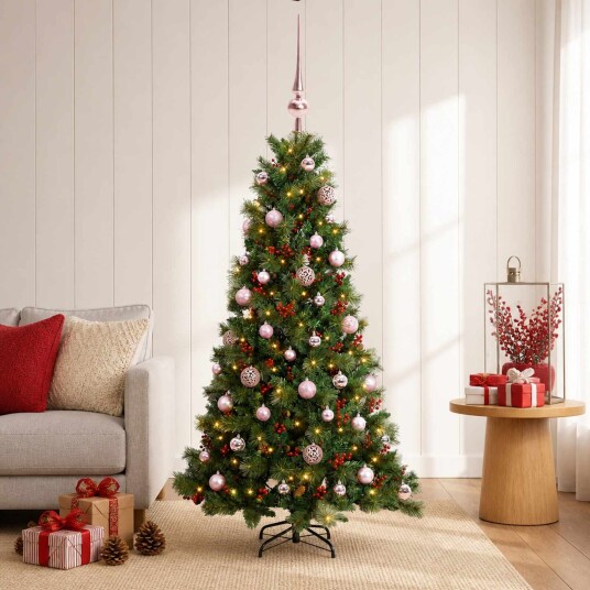 vidaXL Kunstig juletre med julekuler 120 cm 150 LED-lys Varmhvit