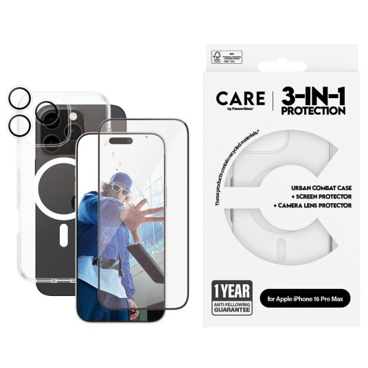 PanzerGlass 3-i-1 Pakke for iPhone 16 Pro Max med Skjermbeskyttelse og Deksel PanzerGlass 3-i-1 Pakke for iPhone 16 Pro Max med Skjermbeskyttelse og Deksel