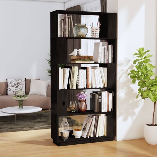 vidaXL Bokhylle/romdeler svart 80x25x163,5 cm heltre furu vidaXL Bokhylle/romdeler svart 80x25x163,5 cm heltre furu