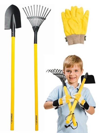 Stanley hageredskaper i metall til barn rake, spade og hansker