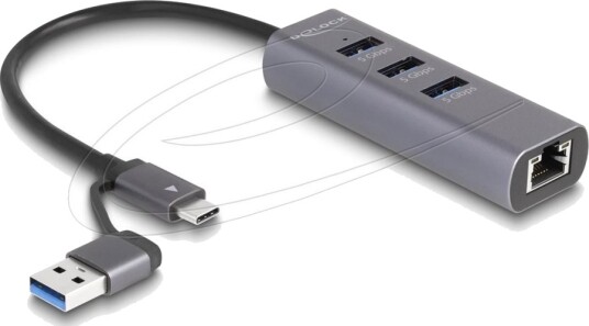 Delock - Hub - With Usb Type-C Or Usb Type-A Connector, In Metal Case - 3 X Usb 3.2 Gen 1 + 1 X 10/100/1000 - Stasjonær Delock - Hub - With Usb Type-C Or Usb Type-A Connector, In Metal Case - 3 X Usb 3.2 Gen 1 + 1 X 10/100/1000 - Stasjonær