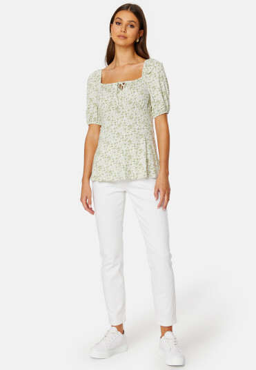 Happy Holly Ruched Short Sleeve Tie Top Green/Floral 32/34