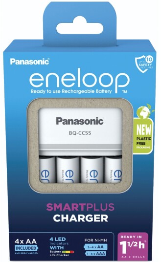 Panasonic BQ-CC55 SmartPlus Batterilader med 4xAA Oppladbare Batterier Panasonic BQ-CC55 SmartPlus Batterilader med 4xAA Oppladbare Batterier