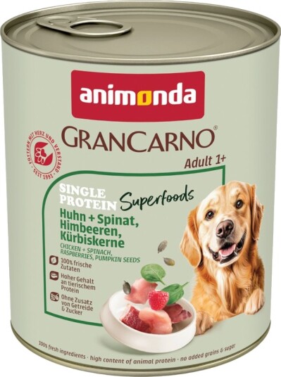 Animonda Grancarno våtfôr Adult Superfoods + spinat bringebær gresskarkjerner Kylling 24 x 800 g
