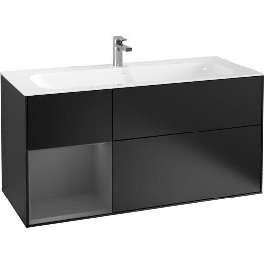VILLEROY & BOCH FINION SERVANTSKAP 120 SVART MATT LAKK EMOTION-LYS, VENSTRESTILT ANTRASITTGRÅ HYLLE