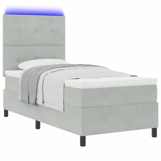 Bokspring Seng med Madrass & LED Lys Lysegrå 90x190 cm Fløyel