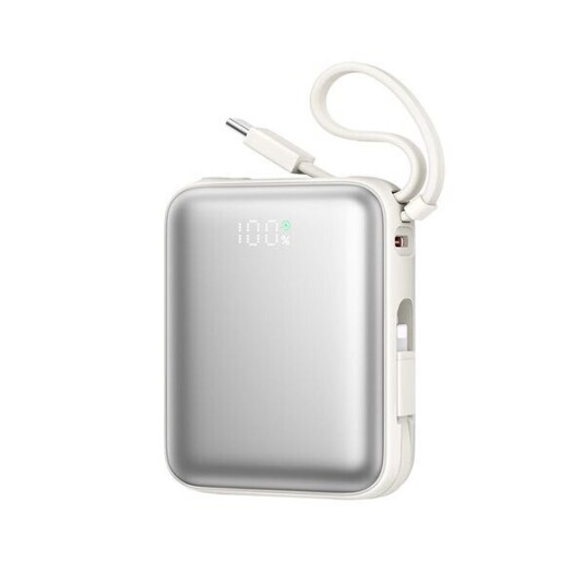 Joyroom JR-PBF27 10000mAh Powerbank med Innebygde USB-C og Lightning Kabler - Hvit