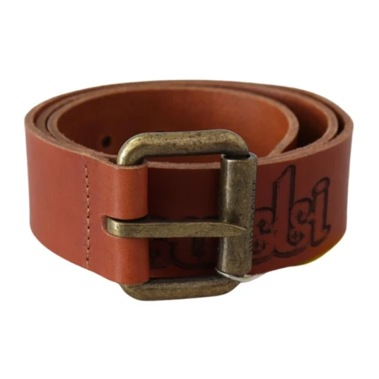 Just Cavalli Brown Leather Logo Bronze Rustic Metal Buckle Belt Brun 85 CM