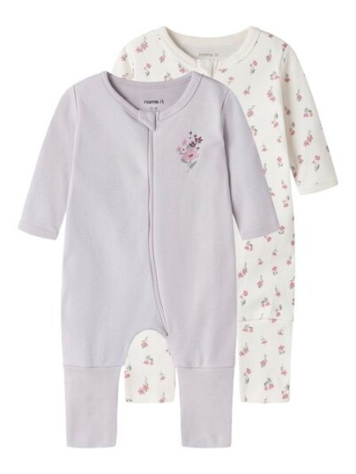 Name It 2-pk pysjamas med glidelås til baby, Jet Stream/Lilac Marble, Størrelse 104