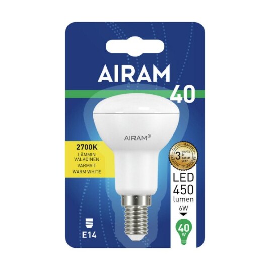 LED spotpære Airam E14 R50 2700K / 110° 6 W / 450 lm LED spotpære Airam E14 R50 2700K / 110° 6 W / 450 lm
