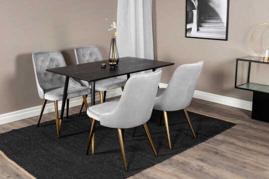 Venture Home Dipp Spisegruppe 120 cm Rund med 4 Velvet Stoler Sort/Guld