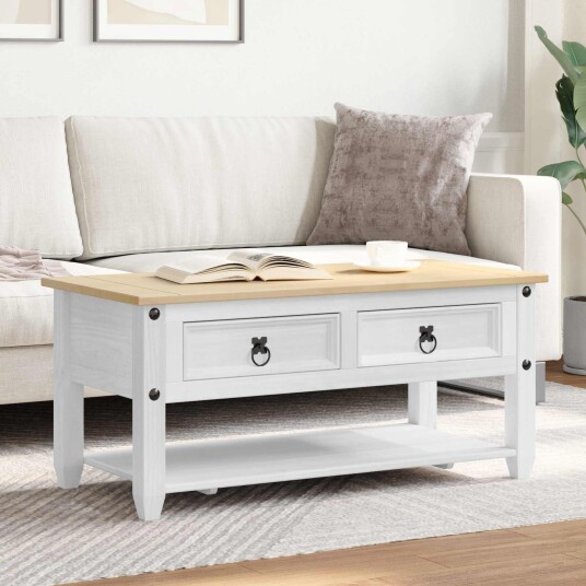 Kaffebord med skuff Hvit 100 x 48 x 45 cm Heltre furu