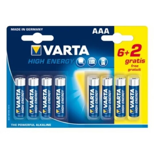 Varta AAA 1,5V Alkaline Batterier High Energy, 8 Stykker Varta AAA 1,5V Alkaline Batterier High Energy, 8 Stykker