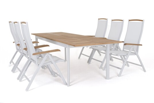 Selected Home Nice spisegruppe Hvit/hvit i teak 6 stoler & bord 202-260x90 cm