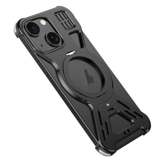 Metall bakre skall med stativ for iPhone 15   Svart